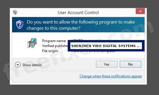 Screenshot where SHENZHEN YIBO DIGITAL SYSTEMS DEVELOPMENT CO. LTD. appears as the verified publisher in the UAC dialog